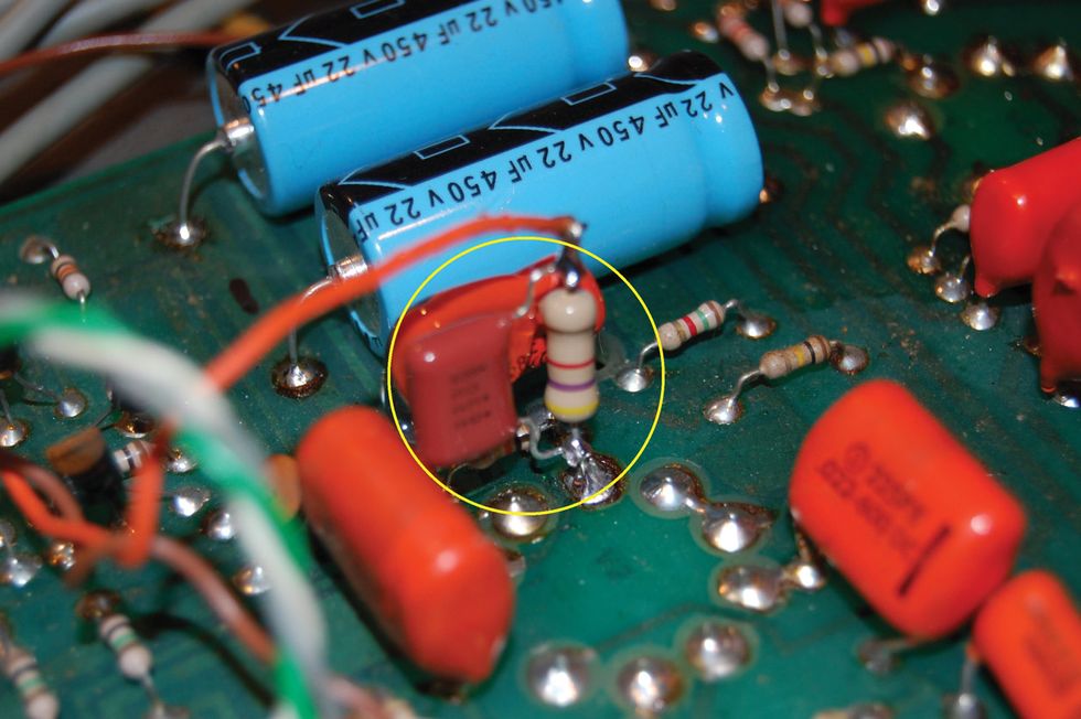 Photo 2 — Wanna match the tone on both channels? Our columnist suggests removing the 22 µF capacitor and replacing it with a 4.7k resistor with a 0.022 µF ...