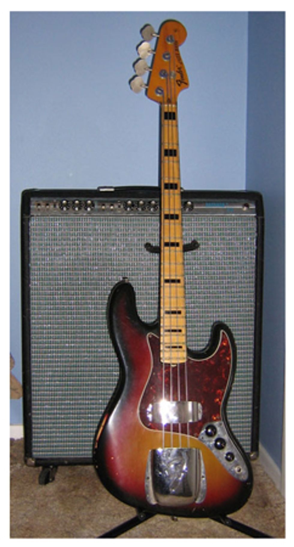 1974 Fender Jazz with rehabbed 1971 Bassman Ten amp (woops- I accidentally installed the grill cloth sideways, much to my later embarassment)
