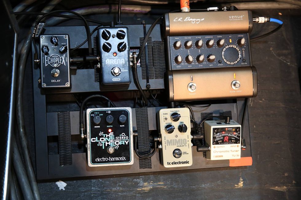 A collection of guitar pedals and tuner arranged on a pedalboard for music performance.