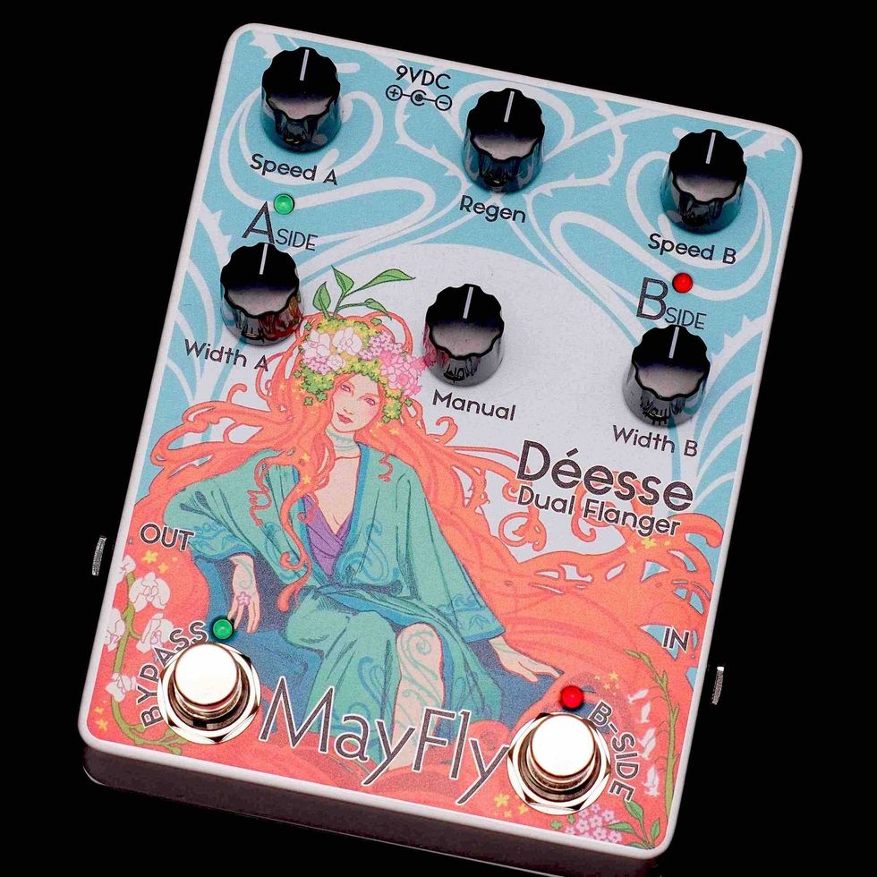 A colorful dual flanger guitar pedal with knob controls and a floral design.