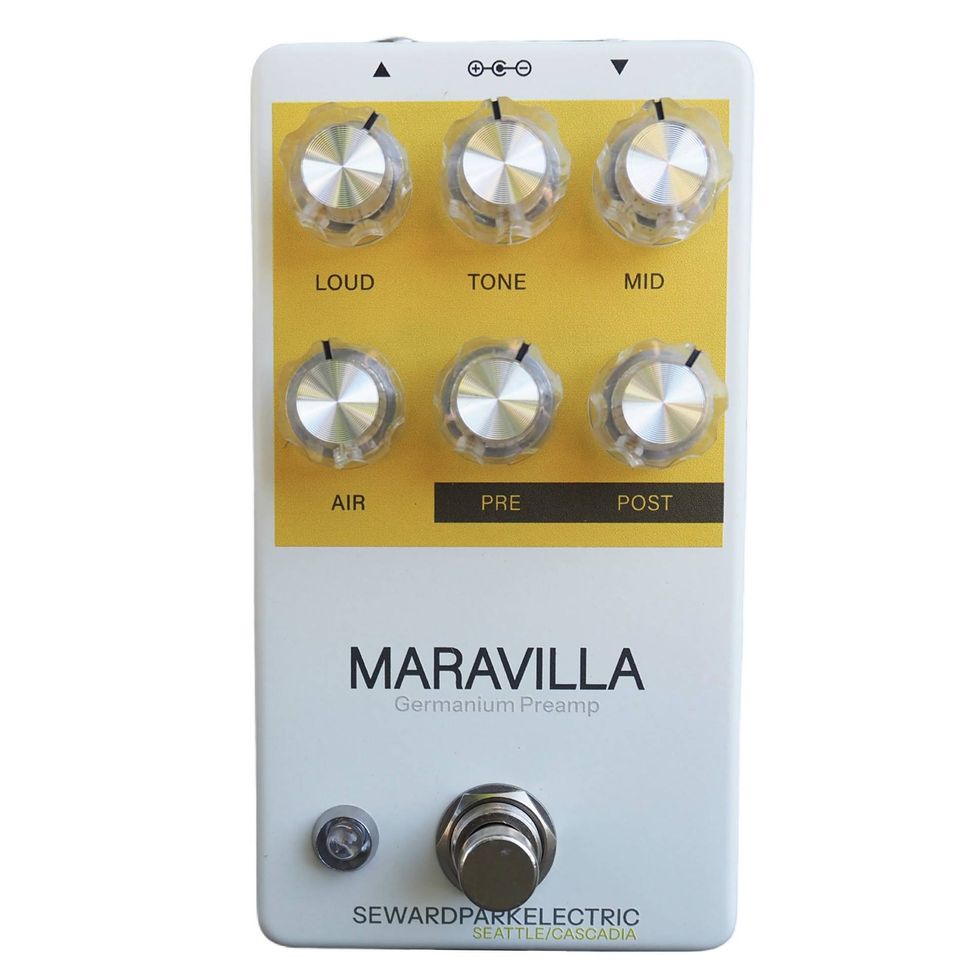 A Germanium preamp pedal with six control knobs and a switch, labeled for adjustments.