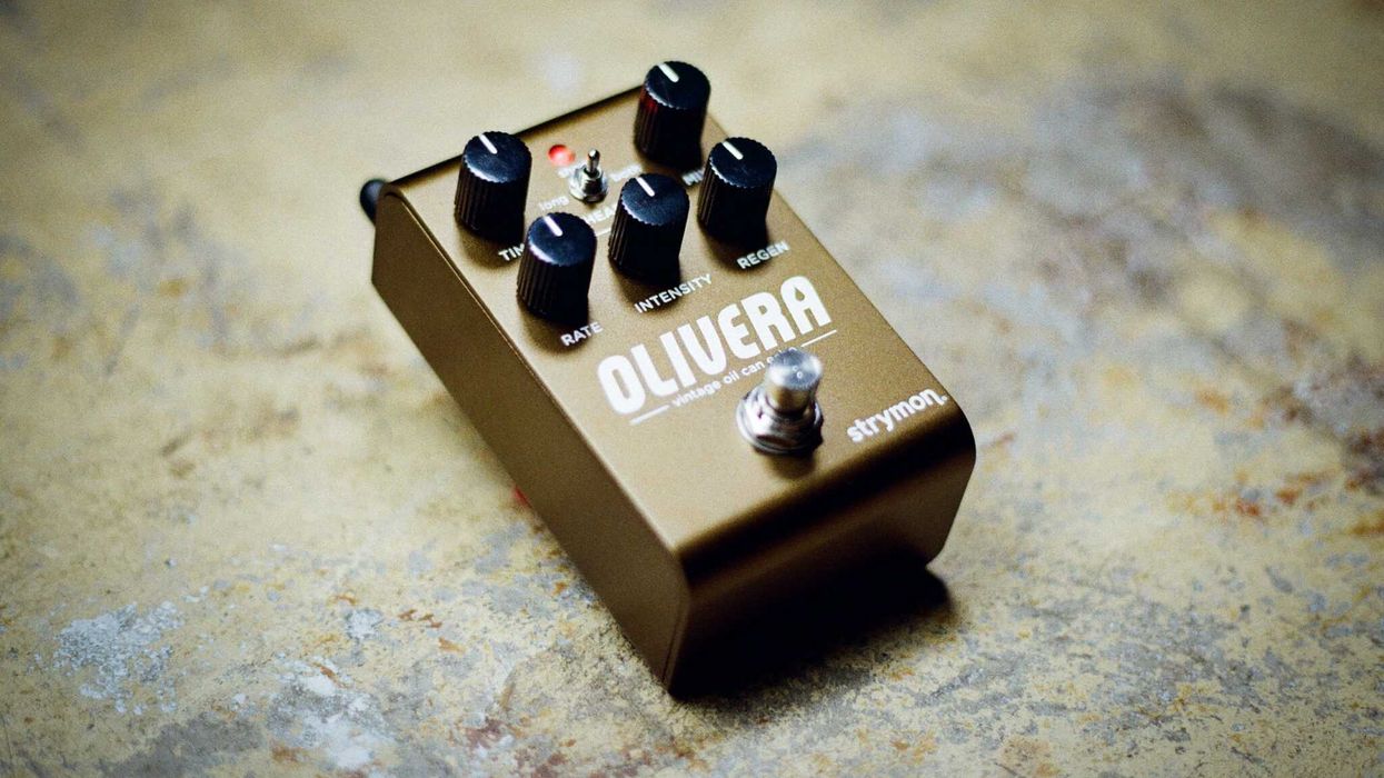 A gold guitar effects pedal with five knobs labeled for tuning effects.