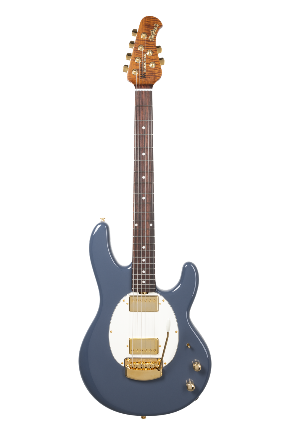 A sleek, blue electric guitar with gold hardware and a unique body design.
