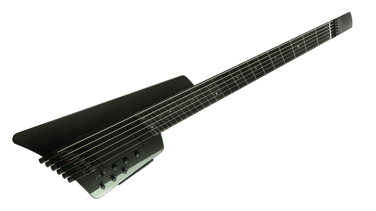 A sleek, modern black electric guitar with a unique design and six strings.