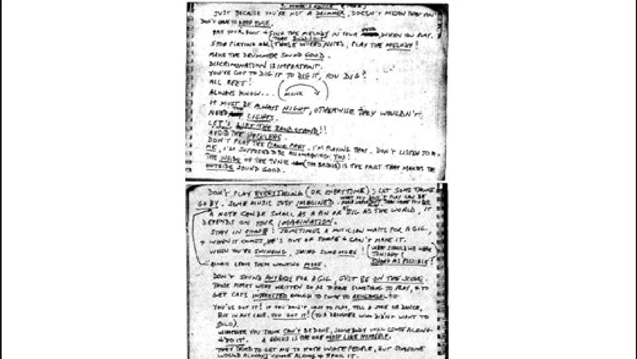 A snapshot of saxophonist Steve Lacy's notebook from 1960, where he jotted down advice given by his boss at the time, jazz pianist Thelonious Monk.