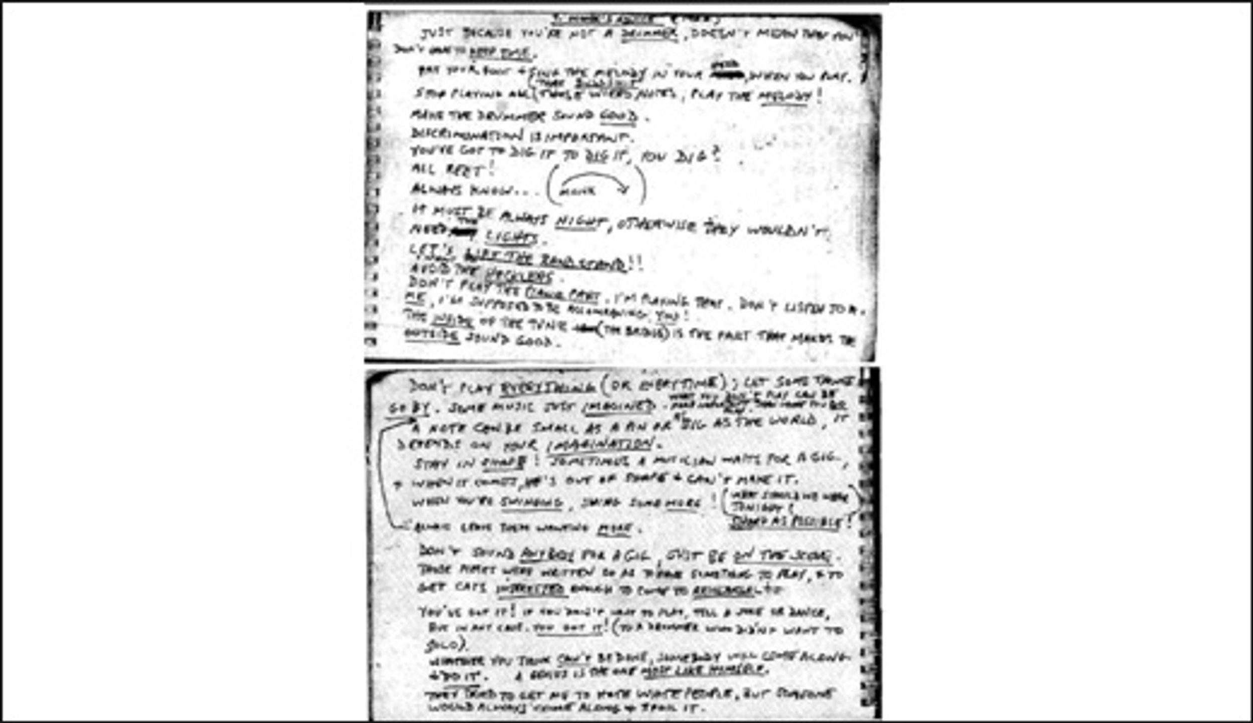 A snapshot of saxophonist Steve Lacy's notebook from 1960, where he jotted down advice given by his boss at the time, jazz pianist Thelonious Monk.