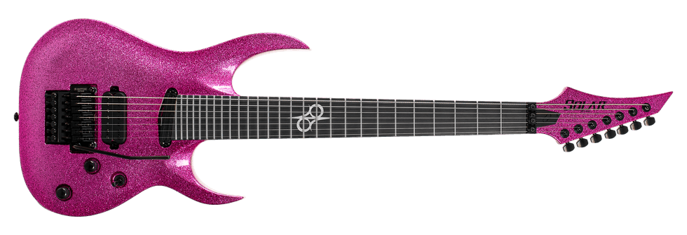 A sparkling pink electric guitar with a sleek design and intricate details.