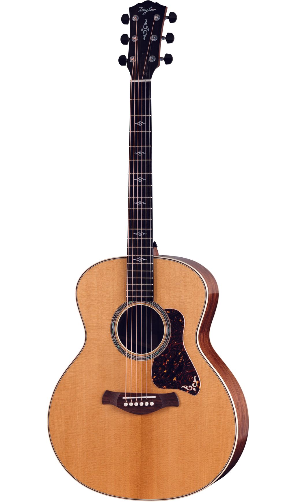A Taylor acoustic guitar with a natural finish and intricate inlays on the neck.