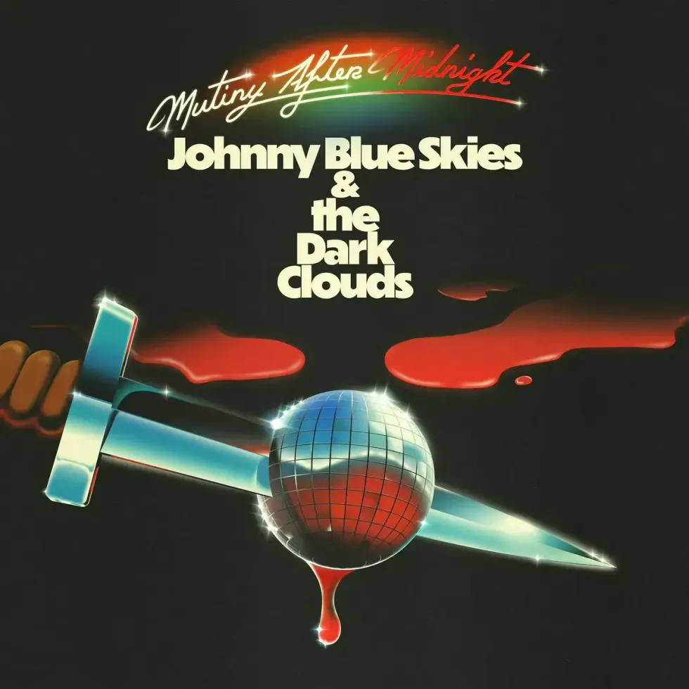 Album cover featuring a sword above a dripping disco ball with vibrant colors and text.