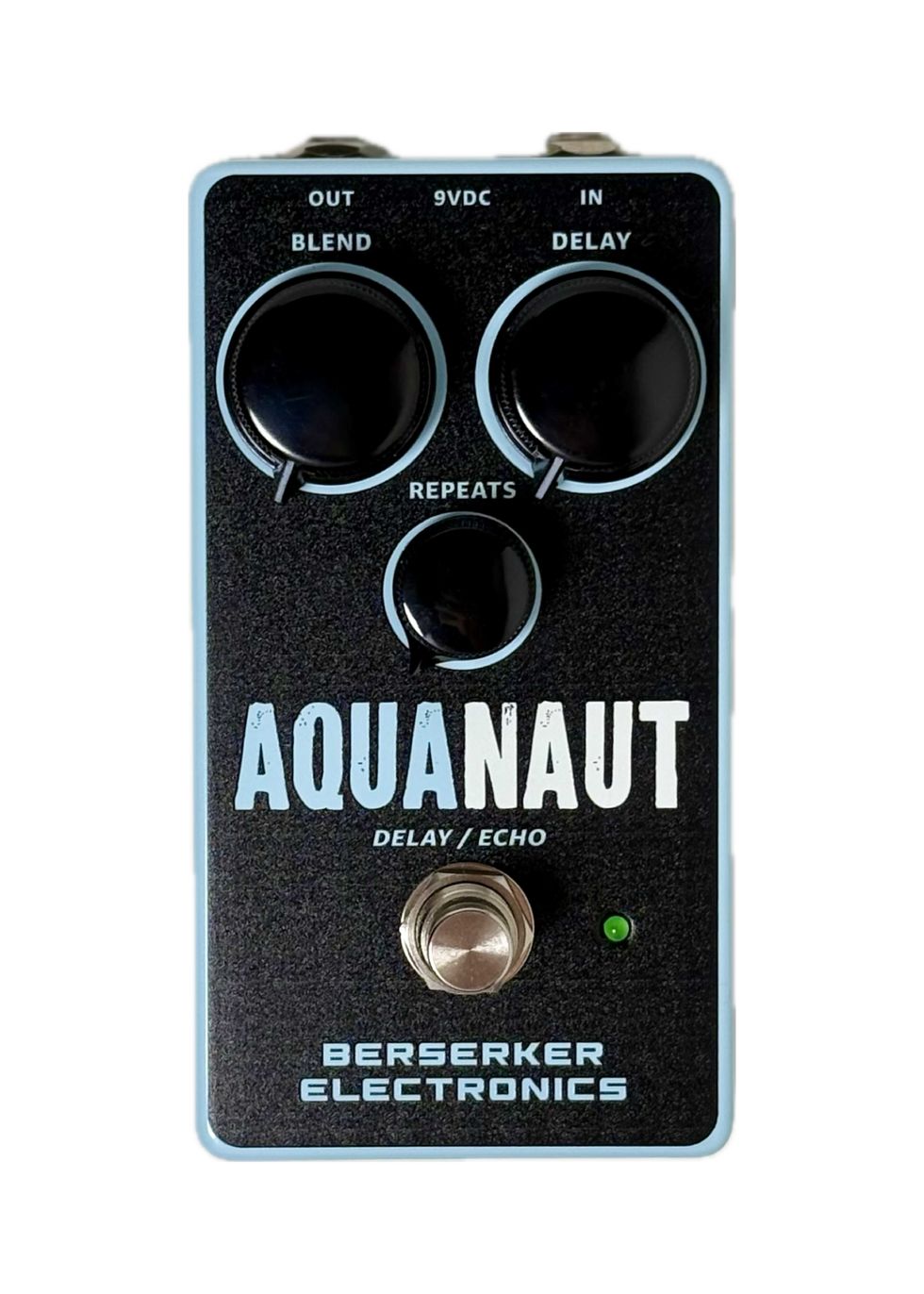 Aqua-themed guitar pedal with knobs for blend, delay, and repeats. Label: "Berserker Electronics."