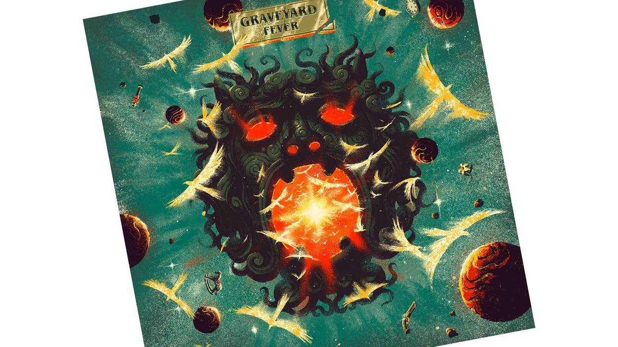 Artwork featuring a cosmic scene with a fiery portal, planets, and ethereal elements; titled "Graveyard Fever."