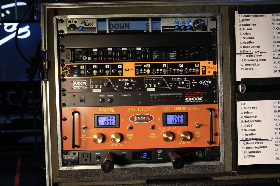 Audio equipment rack with effects processors, mixers, and setlist visible on the side.