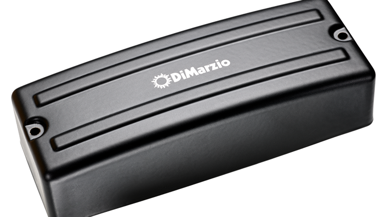 Black DiMarzio guitar pickup with a sleek design and logo on top.