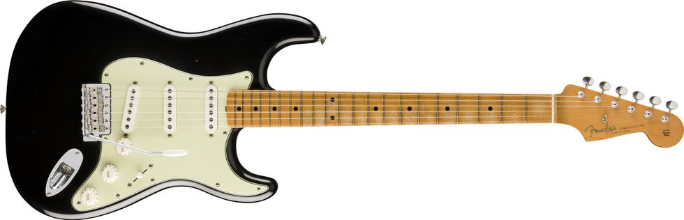 Black electric guitar with a cream pickguard and maple neck, featuring three pickups.