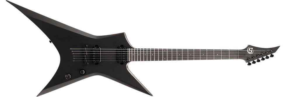 Black electric guitar with a sharp, angular design and six strings.