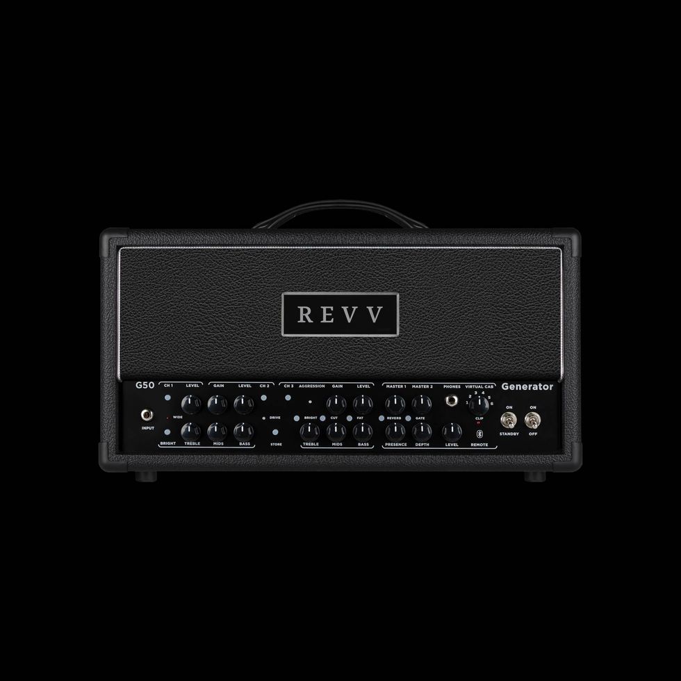 Black guitar amplifier head with dials and controls, labeled "REVV Generator G50."
