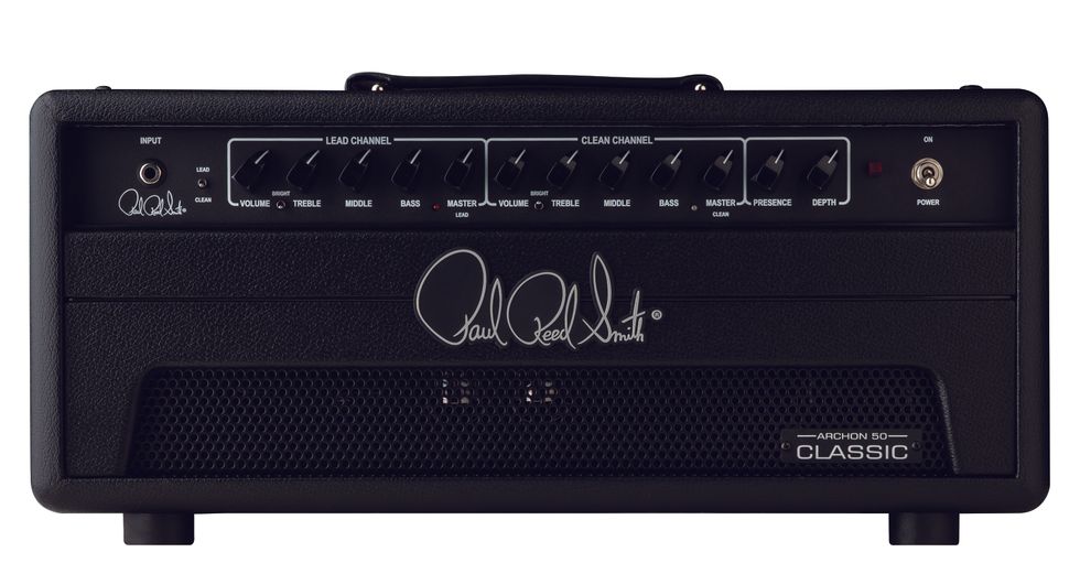 Black guitar amplifier head with knobs for volume, treble, and bass, labeled for lead and clean channels.