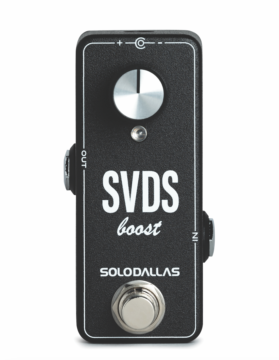 Black guitar boost pedal with a knob, switch, and "SVDS boost" branding.