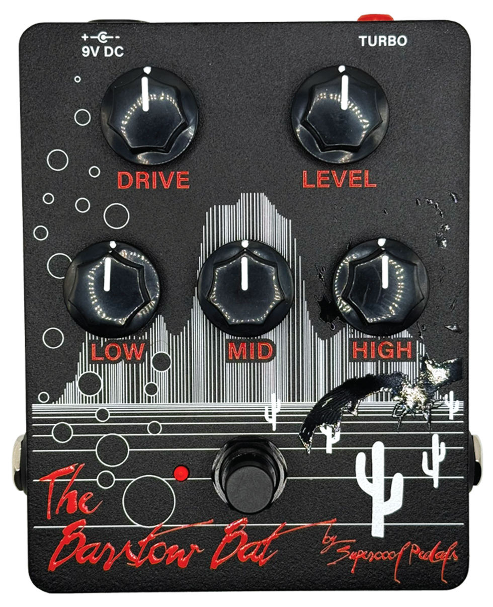 Black guitar effects pedal with labels for DRIVE, LEVEL, LOW, MID, and HIGH controls.