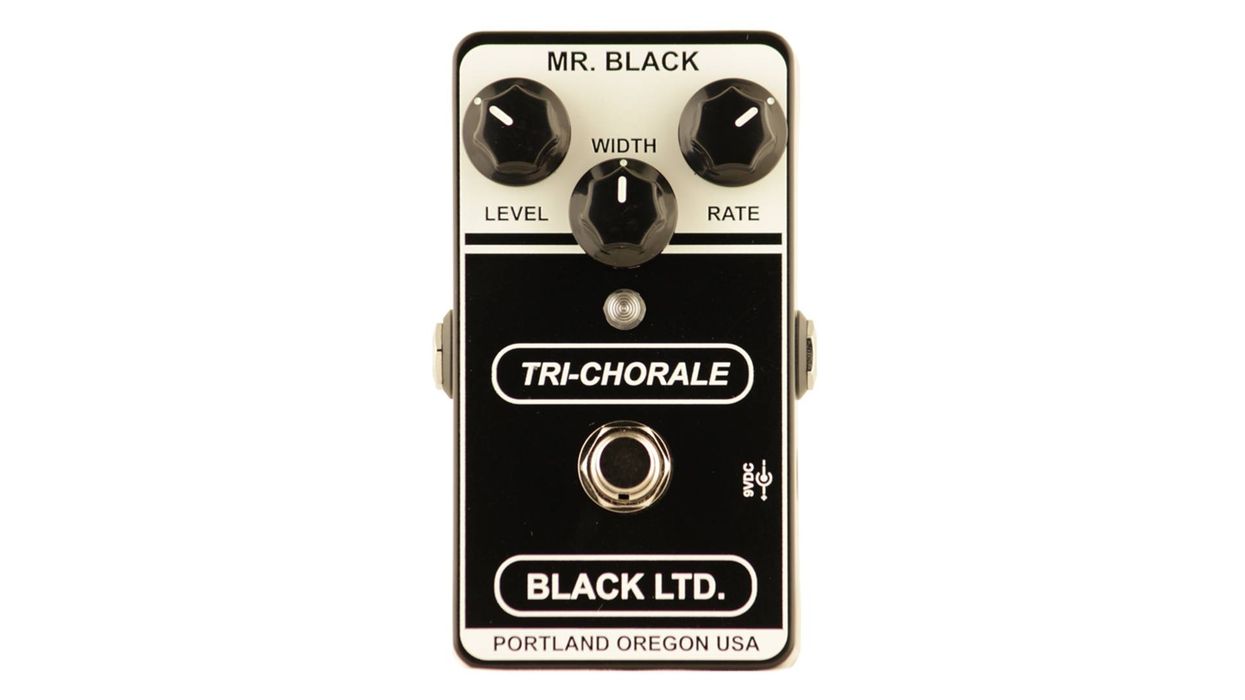 Black guitar effects pedal with three knobs labeled Level, Width, and Rate.