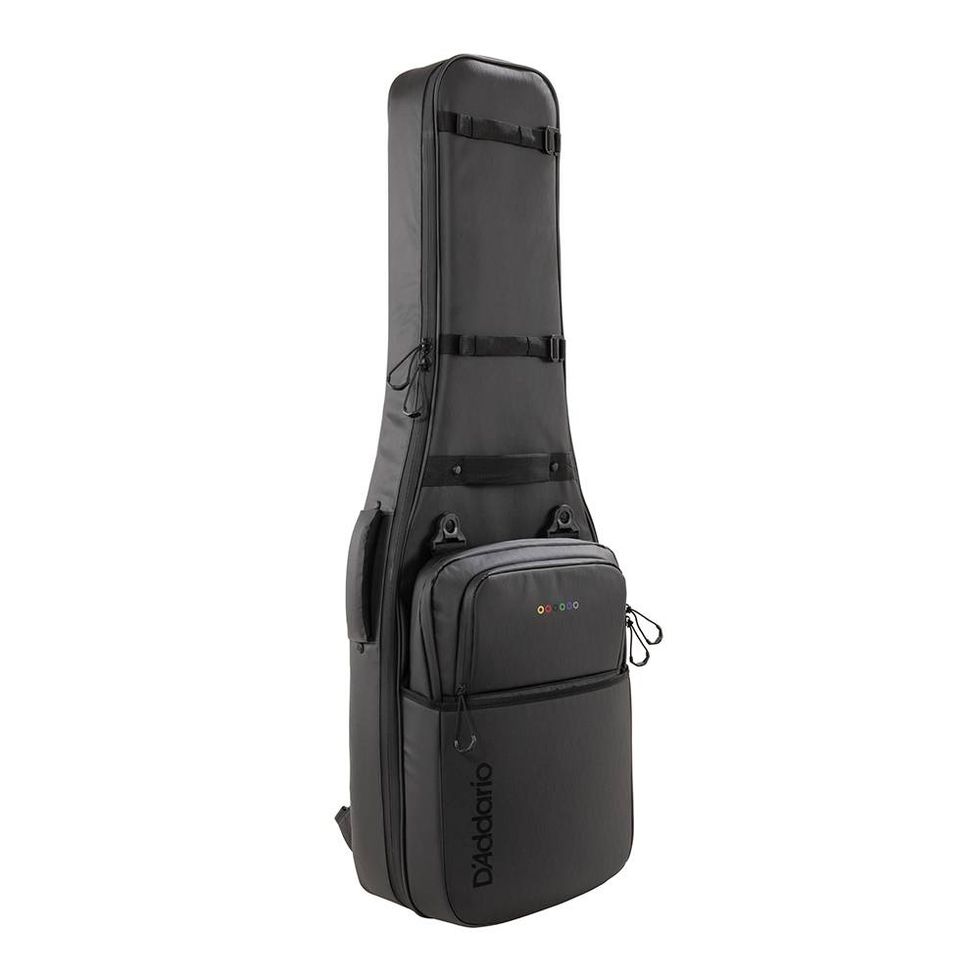 Black guitar gig bag with padded interior and multiple pockets for accessories.