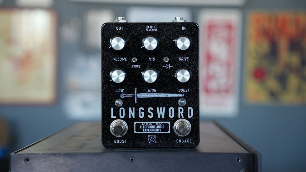 Black pedal labeled "LONGSWORD" with dials for volume, drive, and tone adjustments.