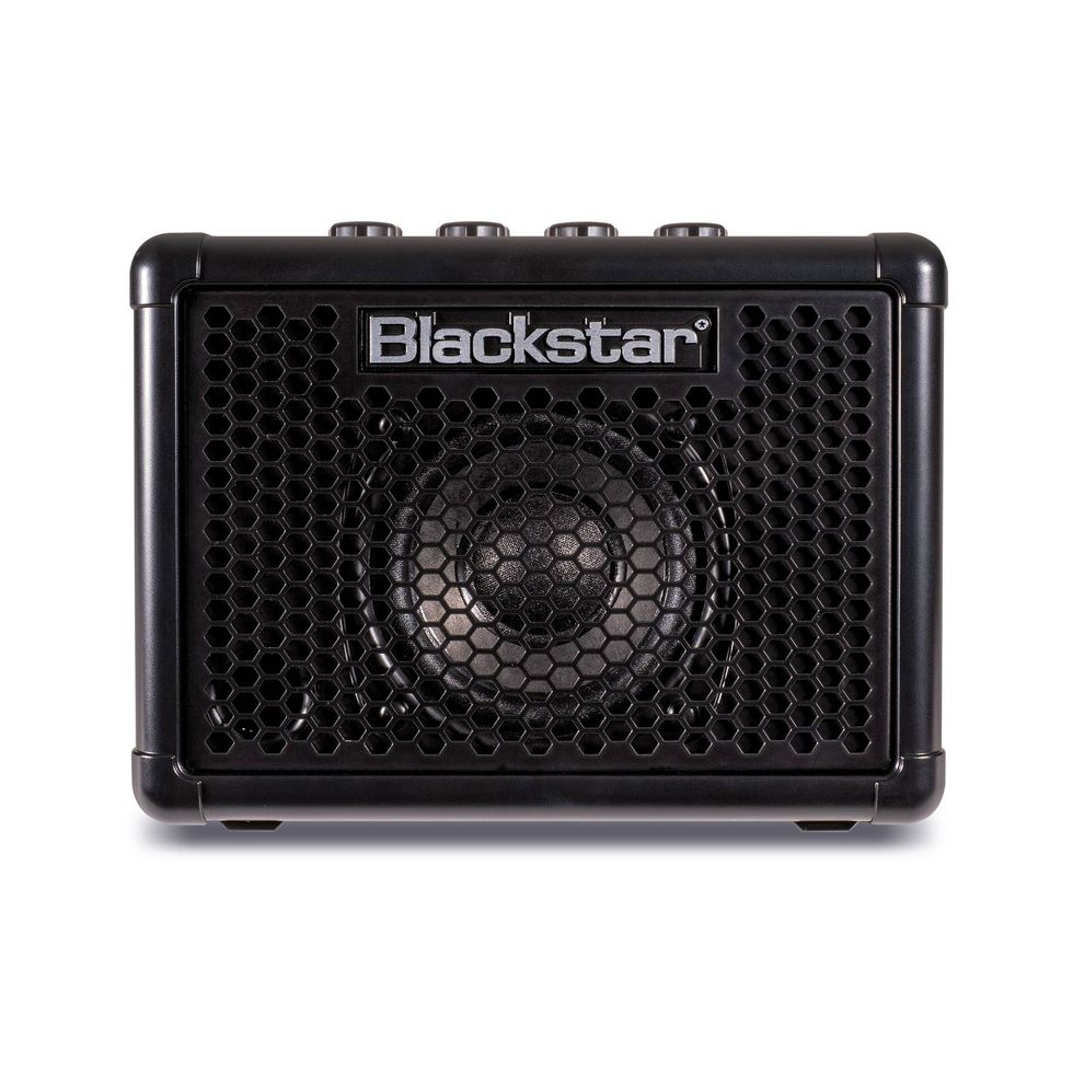Blackstar amplifier with a mesh speaker grille and control knobs on top, in sleek black design.