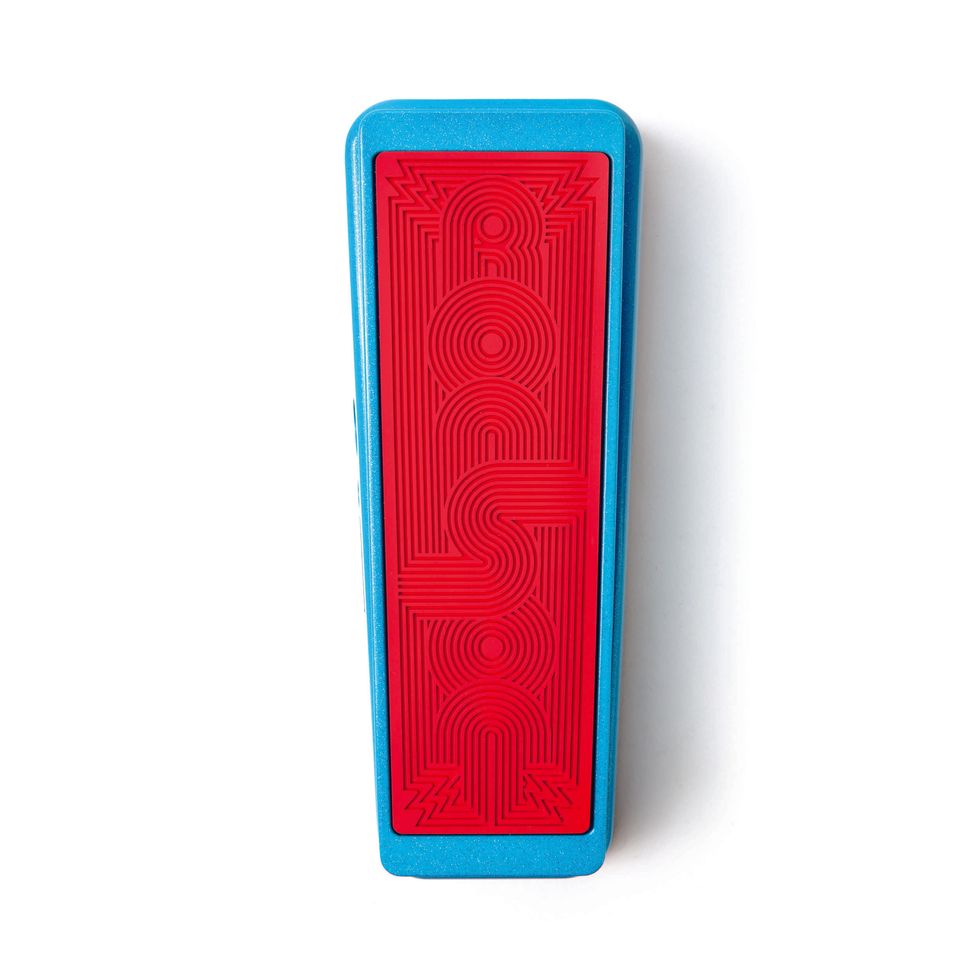 Blue and red effects pedal with textured design, viewed from above.
