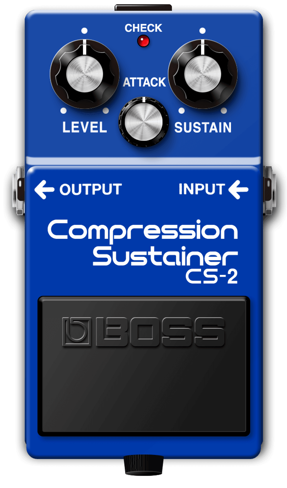 Blue BOSS CS-2 Compression Sustainer pedal with knobs for level, attack, and sustain.