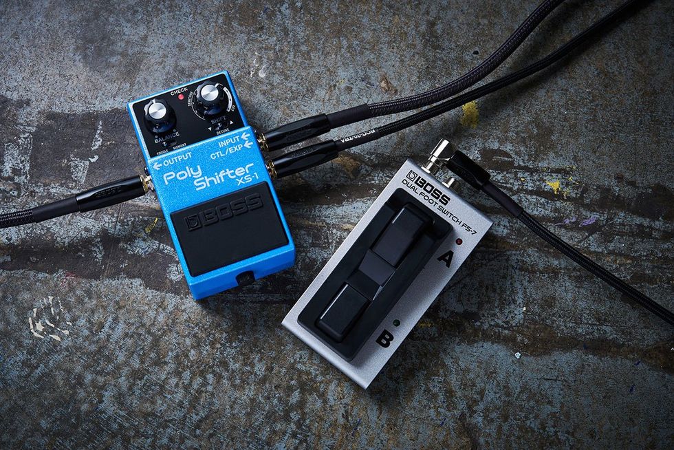 Blue Boss Poly Shifter XS-1 pedal and dual footswitch FS-7 on a textured surface.