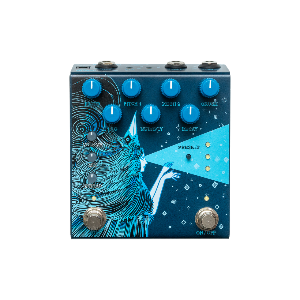 Blue effects pedal with knobs, featuring a whimsical illustration of a woman.