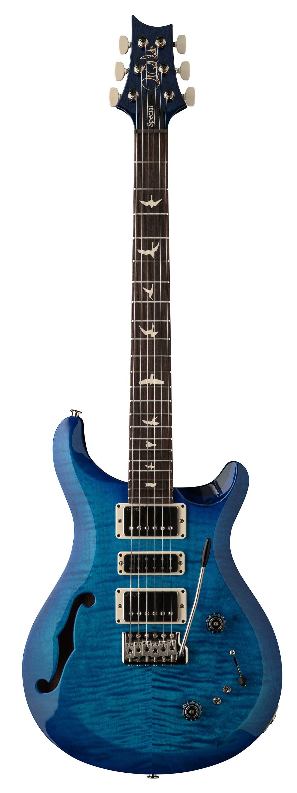 Blue electric guitar with a glossy finish and intricate inlays along the fretboard.