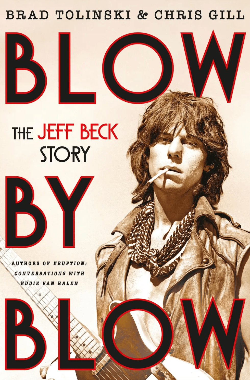 Book cover for "Blow by Blow: The Jeff Beck Story" featuring a young man with a guitar.