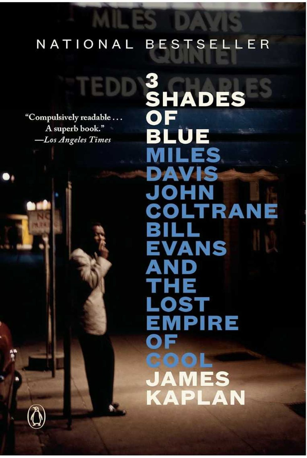 Book cover of "3 Shades of Blue" by James Kaplan featuring jazz musicians' names.