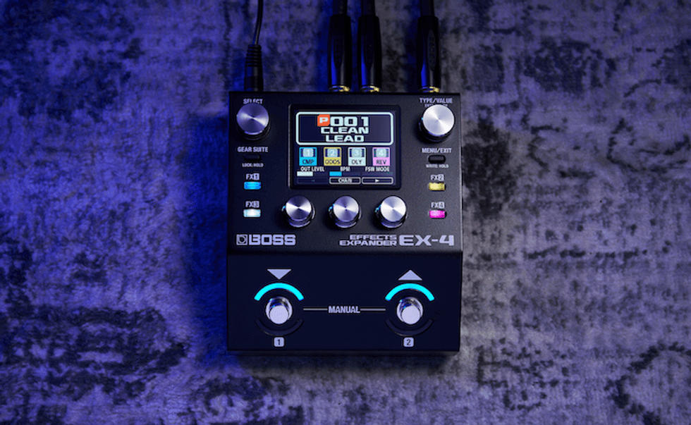 BOSS EX-4 effects expander with knobs and screen, set against a textured dark background.