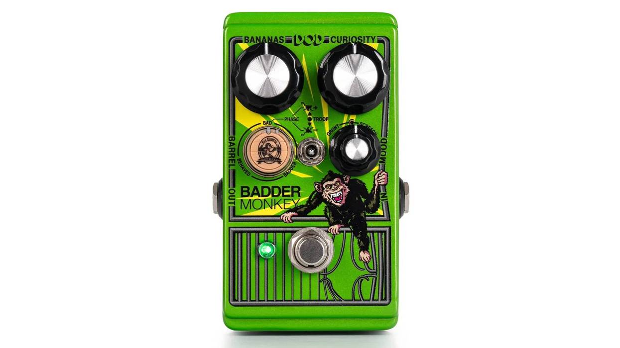 Bright green guitar pedal featuring a cartoon monkey, labeled "Badder Monkey."