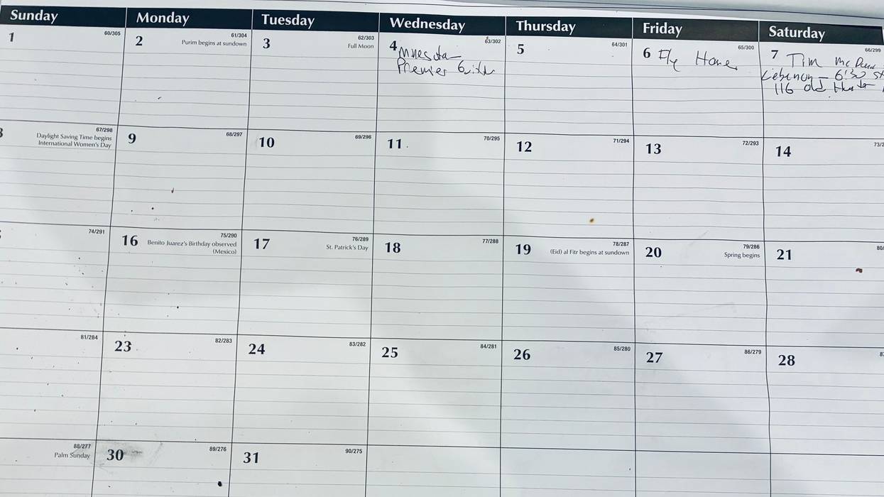 Calendar for March with handwritten notes on various dates and events.