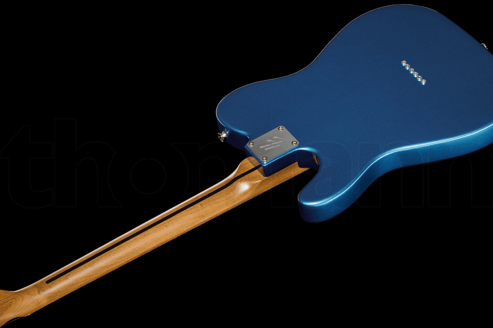 Close-up of a blue electric guitar body, highlighting the maple neck and hardware.