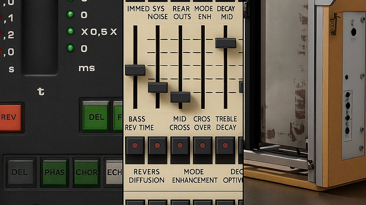 Close-up of a Lexicon 224 audio effects unit, featuring various knobs and buttons for adjustments.