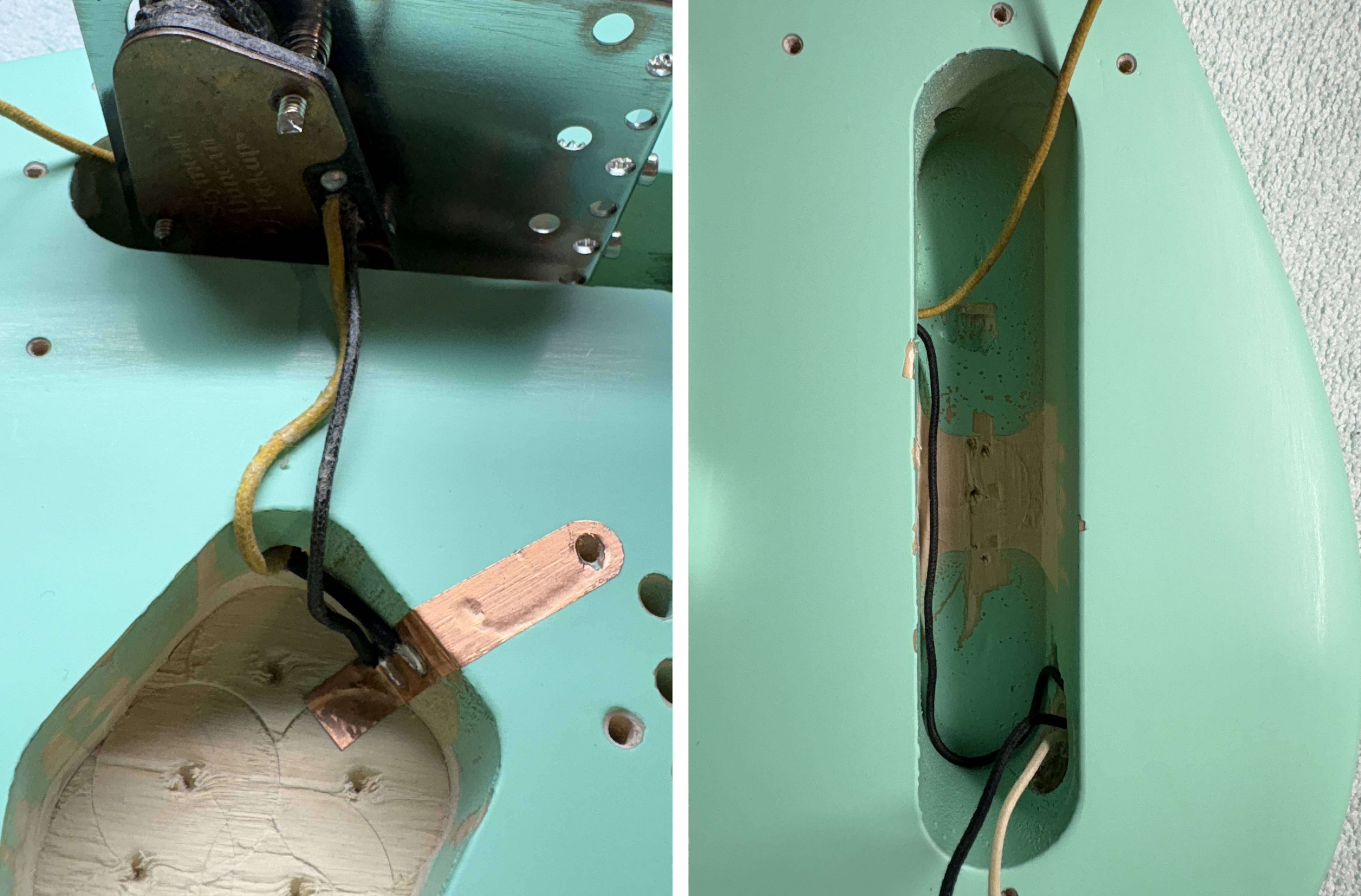 Close-up of an electric guitar's body showcasing wiring and cavity details in mint green.