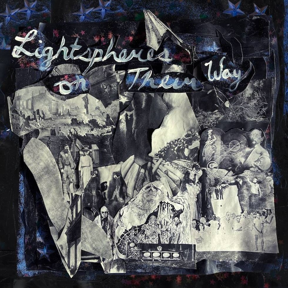 Collage of black-and-white images with the text "Lightspheres on Their Way" in blue.