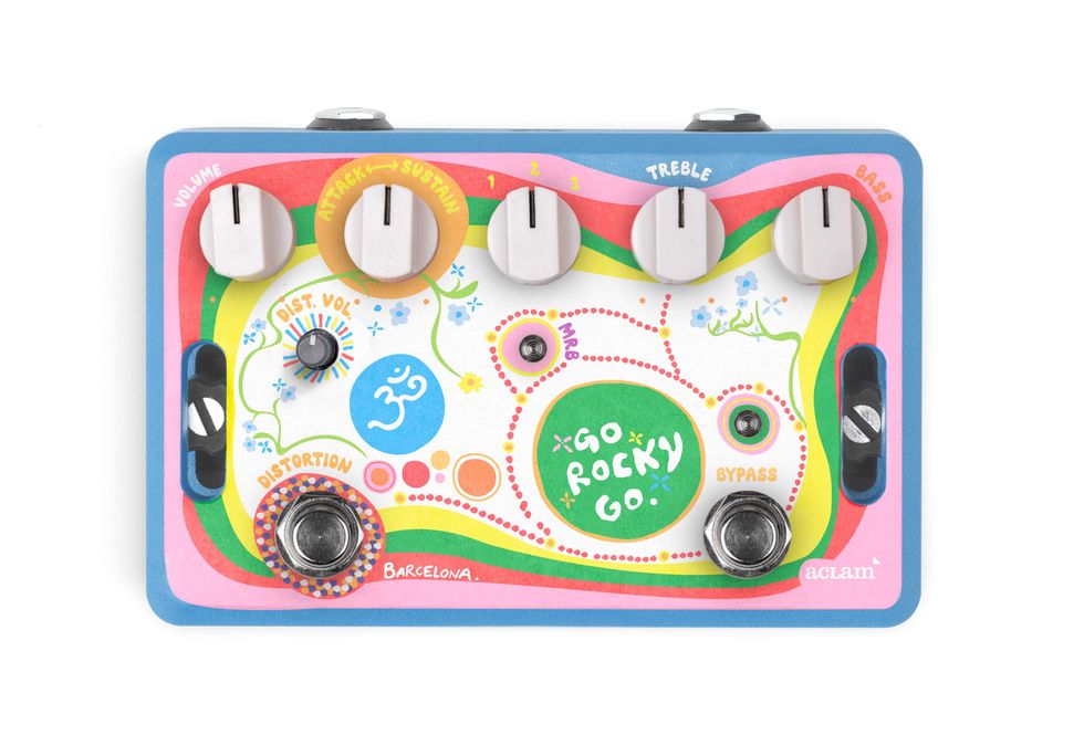 Colorful guitar effects pedal with various knobs and a playful design.