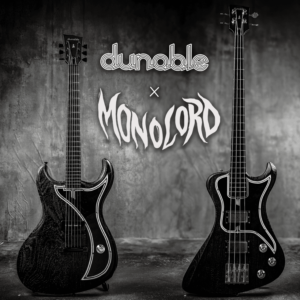 Dunable and Monolord guitars displayed in a dramatic black-and-white setting.