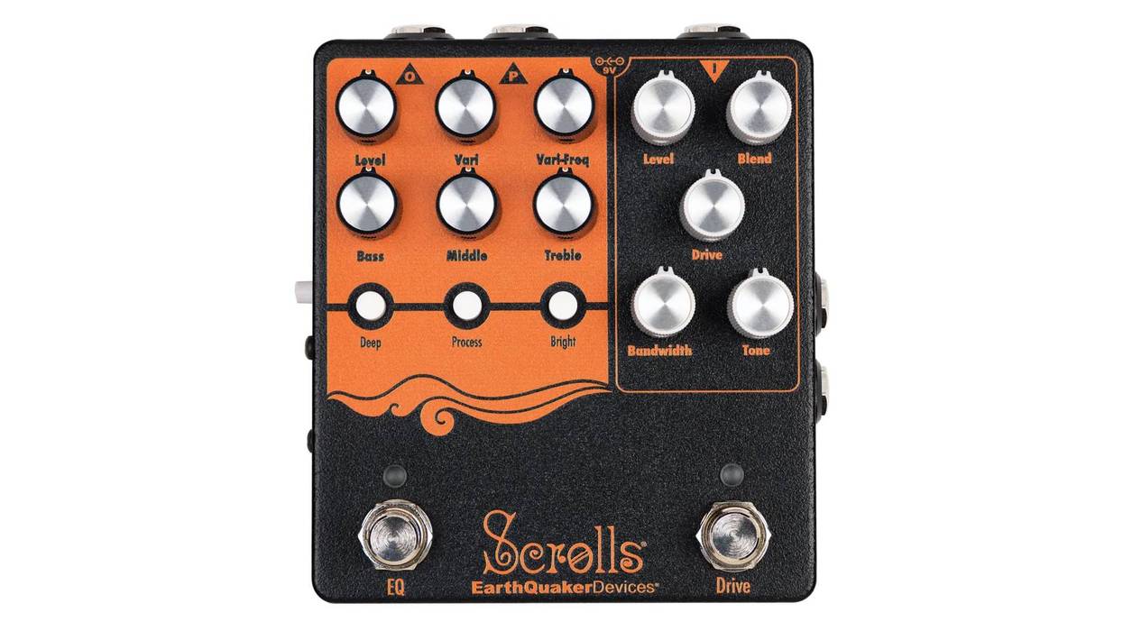 EarthQuaker Devices pedal with knobs for EQ and drive settings, featuring an orange and black design.
