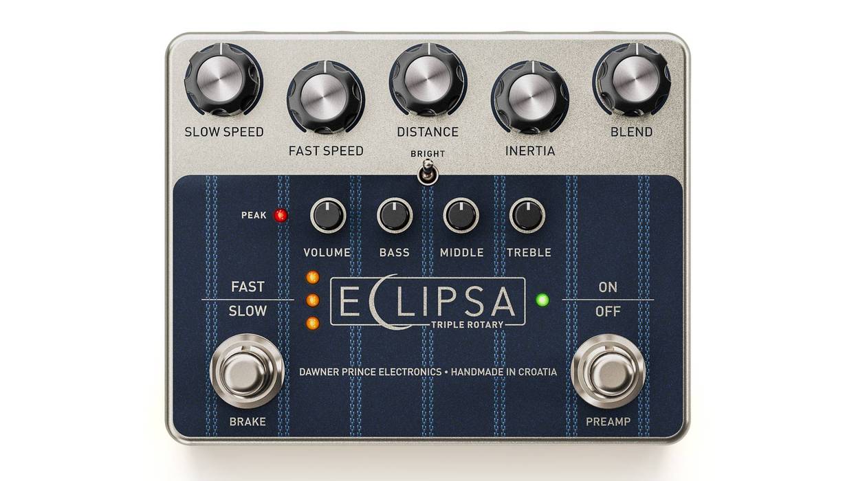 Eclipsa triple rotary effects pedal with various control knobs and switches.
