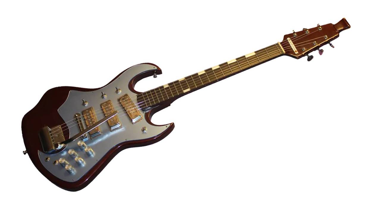 Electric guitar with a unique shape, glossy finish, and multiple control knobs.
