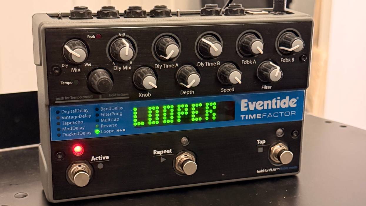 Eventide TimeFactor delay pedal with "LOOPER" displayed, featuring multiple controls and functions.