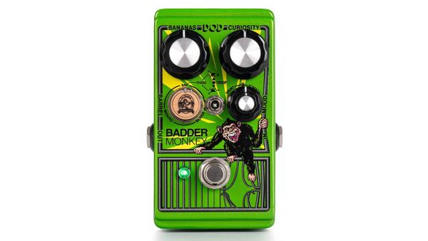 Bright green guitar pedal featuring a cartoon monkey, labeled "Badder Monkey."