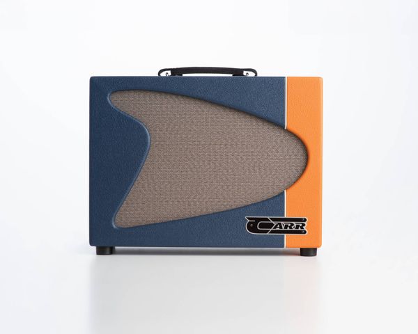 Front view of a stylish Carr guitar amplifier with blue and orange accents.
