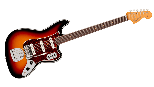 Electric guitar with a sunburst finish and a unique, vintage design.